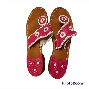 JACK ROGERS SANDALS SHOES THONGS FLAT PINK WHITE LEATHER Sz 7M PREPPY BARBIECORE